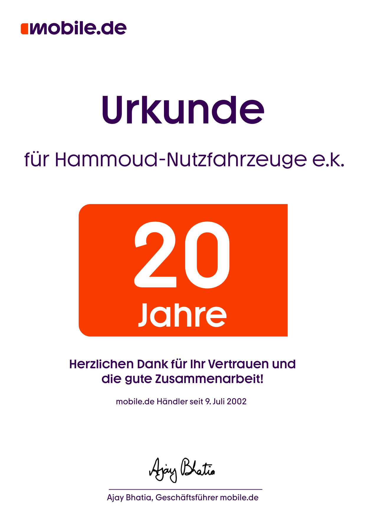 20 Jahre mobile.de Zertifikat