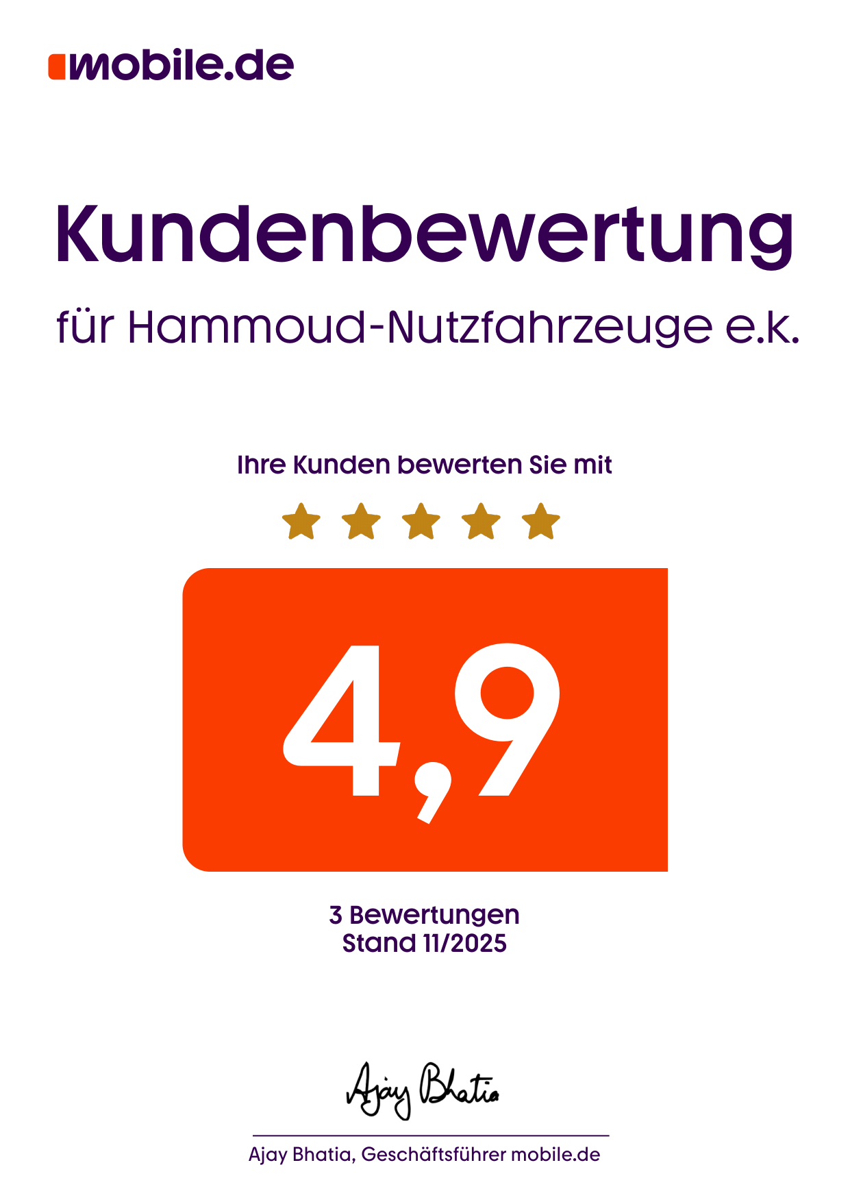 4.9 Sterne Kundenbewertung mobile.de